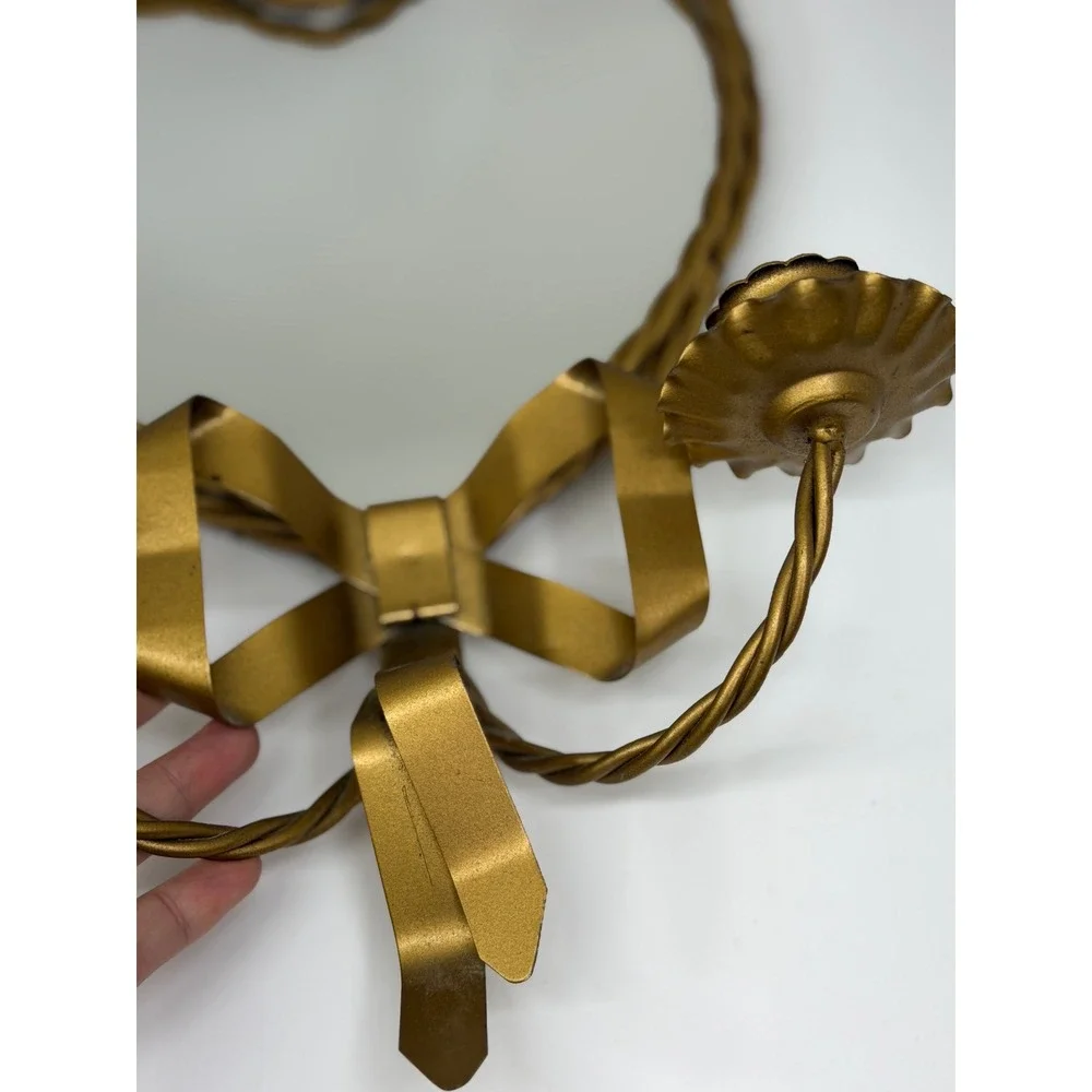 VTG Heart Mirror Candle Sconce Gold Bow Ribbon Twisted Metal‎ Hollywood Regency